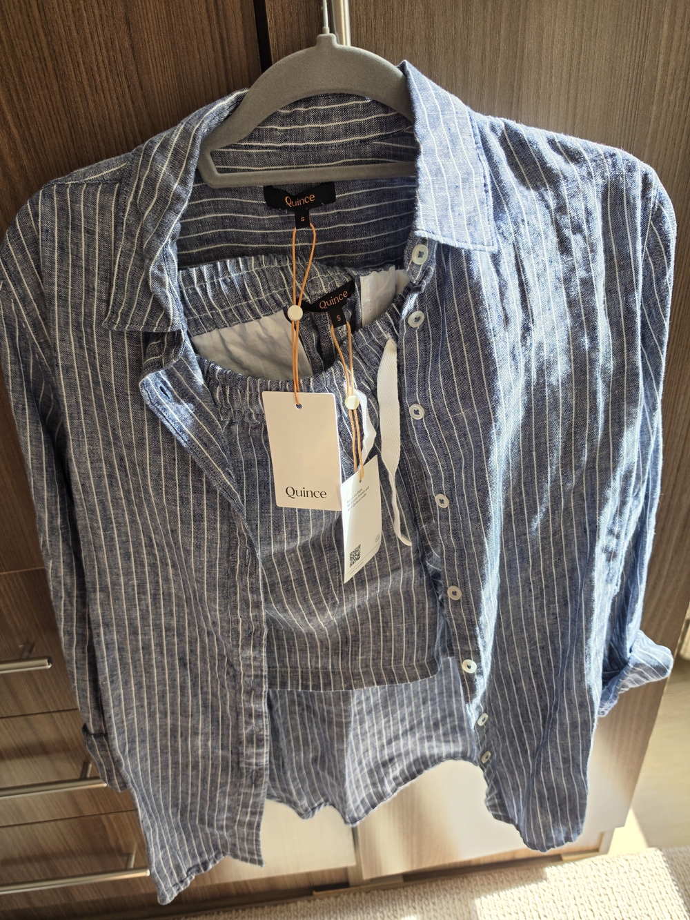 Linen Quince Set Blue and White Striped Women's Button-Down Shirt And Shorts